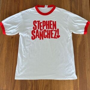 White Ringer Tee with Red Stephen Sanchez Graphic